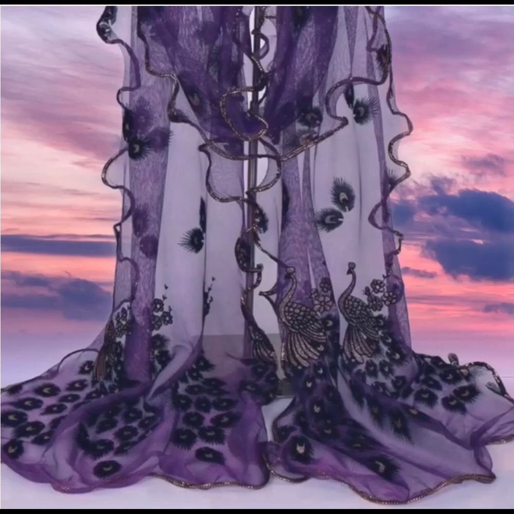 Parisian-style Gold-trim PURPLE Peacock Scarf - Picture 2 of 6